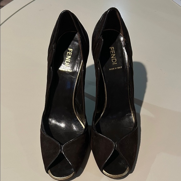 Fendi Shoes - Fendi Brown Suede Peep-Toe Heels